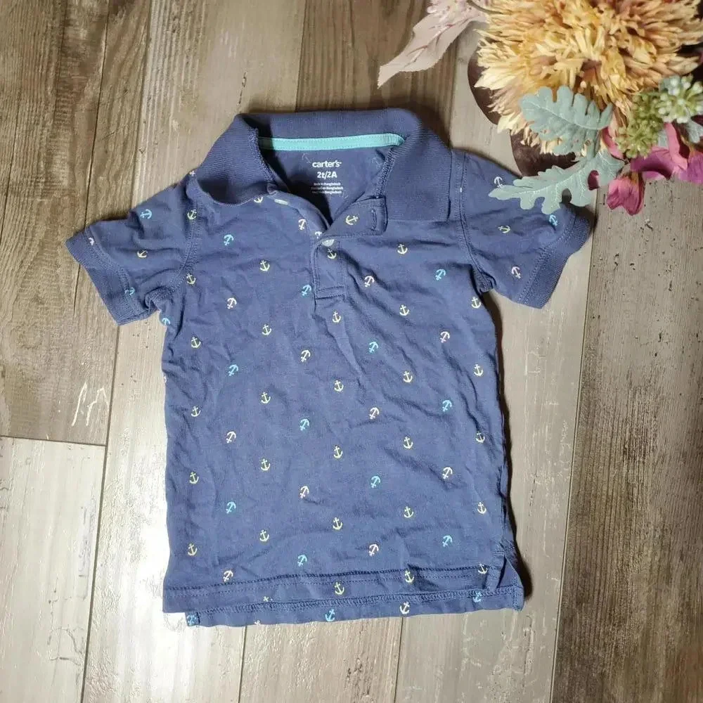 Carter's Toddler Boy Blue Anchor Polo Shirt Size 2T 100% Cotton EUC